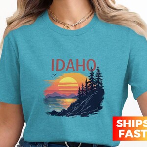 Idaho Sunset Graphic Tee, PNW Mountain and Lake Scene, Nature Lover Shirt, Outdoor Adventure Apparel, Gift for Hiker, Scenic T-Shirt
