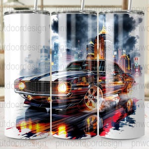 May include: A stainless steel tumbler featuring a classic black muscle car design with a city skyline backdrop. The car has a white stripe and the headlights are illuminated. The design is reflected on the ground.