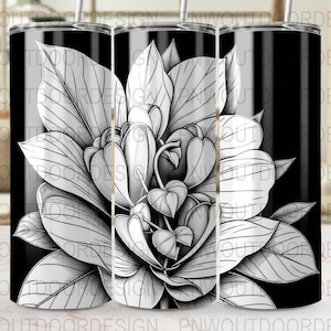 Blumen Tumbler Wrap, Schwarz und Weiß Blumenmuster, 20 Unzen Tumbler Sublimation, gerade und verjüngt, digitaler Download