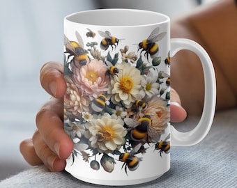 Grandpa Floral Bee Design Mug, Tote, T-Shirt, V-Neck, Perfect Gift for Grandfathers, Perfect Mothers Day Gift Idea, Customizable Gift