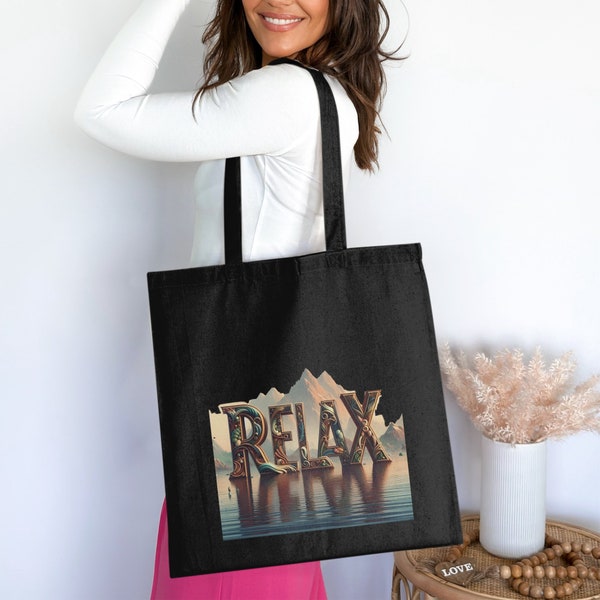 Relaxing Scenery Typography Tote Bag, Mountain Lake Sunset Eco-Friendly Canvas Bag, Unique Artistic Lettering Carryall, Can be Personalized