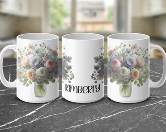 Personalized Floral Bouquet Design Mug, Tote, Custom Name T-Shirt, V-Neck, Perfect Mothers Day Gift Idea, or Custom Birthday Gift