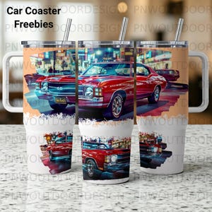 May include: Three white tumblers with handles and stainless steel straws. Each tumbler features a vibrant image of a red classic car on a city street. The text "Car Coaster Freebies" is at the top.