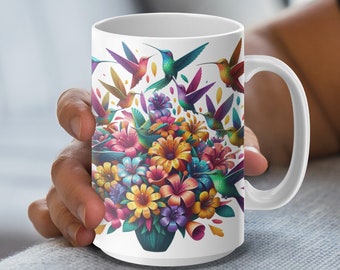 Taza floral de colibrí colorido, bolso de mano, camiseta, diseño vibrante con cuello en V, personalizable, idea perfecta de regalo para el Día de la Madre, regalo de cumpleaños personalizado