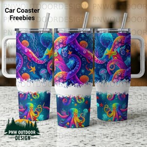 May include: Three stainless steel travel tumblers with a colorful ocean-themed design featuring octopus tentacles, starfish, and jellyfish. The tumblers have a white base and a silver straw. The text "Car Coaster Freebies" is visible.