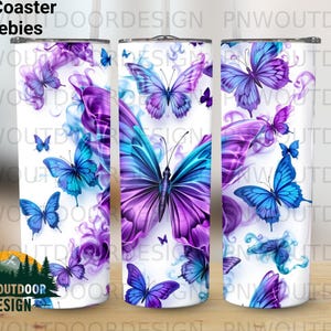 Digitalt omslag för tumbler med livfull lila blå fjäril, sublimeringsdesign på 20oz, rakt avsmalnande PNG, gratis bilunderlägg, unika designer