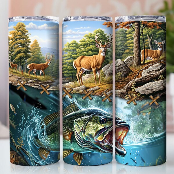 Fishing And Deer Hunting Seamless Tumbler Wrap 20oz Skinny Tumbler Sublimation, Hunting Season Tumbler PNG File Digital Download Tumbler PNG