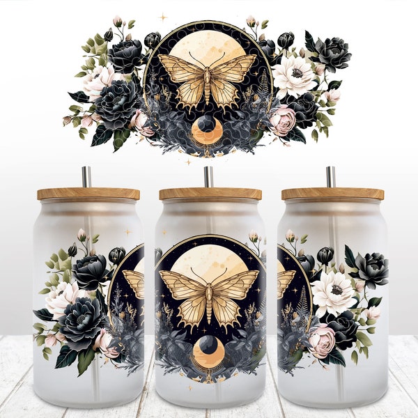 Moth With Flowers - 16 oz Libbey Glass Can Tumbler Sublimation Design - Design Digital Download PNG, Watercolor Floral Libbey Cup PNG