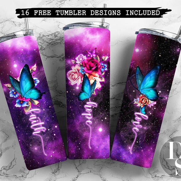 20 Oz Skinny Faith Hope Love Tumbler Sublimation Design, Butterfly With Floral For Tumbler, Faith Tumbler Wrap Png, Religious Tumbler