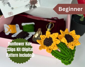 Complete Sunflower Crochet Hair Clips Kit for DIY Enthusiasts - Includes Pattern, Yarn, and Tools | Beginner Crochet DIY Craft Kit