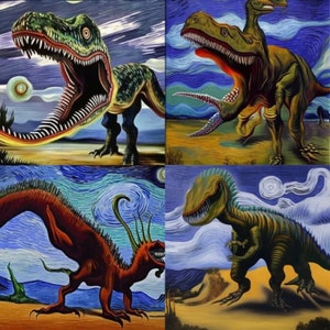 May include: A digital art collage of four paintings featuring dinosaurs and dragons in a style reminiscent of Vincent van Gogh's Starry Night. The paintings are in shades of blue, green, yellow, and red.