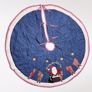 Vintage Quilted Christmas Tree Skirt Santa Reindeer Blue Red Cotton