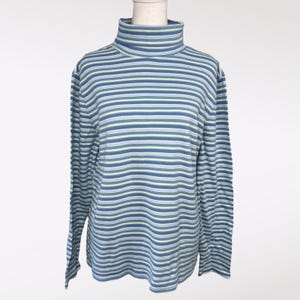 Y2K Basics Editions | Blue Green Striped Turtleneck | Long Sleeve Stretch Top | Size Large