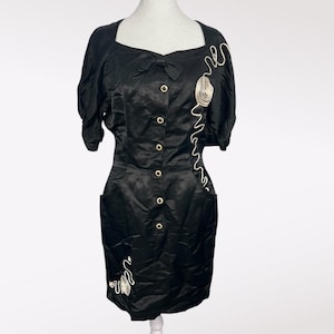 Vintage 80s Black Puff Sleeve Dress | Italy Primadonna Button Front Dress with Pockets | Small