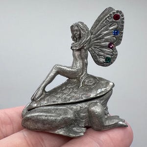 Spoontiques Pewter Fairy Trinket Box Frog Base Jeweled Wings Vintage