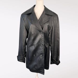Vintage Middlebrook Park Black Genuine Leather Double Breasted Trench Coat Jacket Small