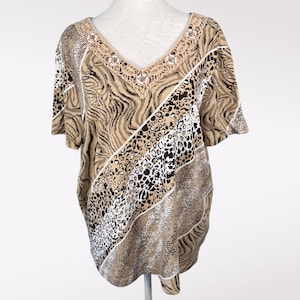 Rebecca Malone Animal Print Short Sleeve Top Crochet Beaded Neckline Size XL