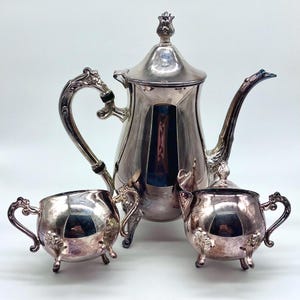 Leonard Silver Plate Coffee Pot Sugar Bowl Creamer Set Vintage Baroque