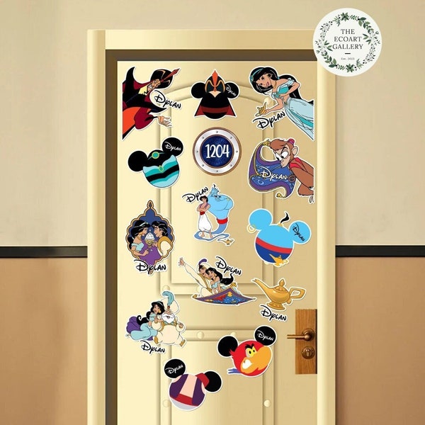 Personalized Disney Aladdin Inspired Cruise Magnet, Disney Princess Jasmine Genie Abu Jafar Iago Ali Magnets For Cruise Ship Stateroom Door