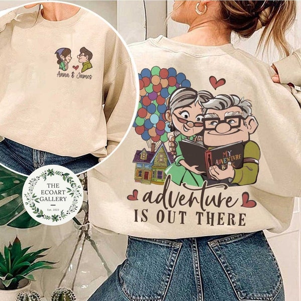 Two-sided Disney Pixar Up Carl And Ellie Adventure Is Out There Shirt, Personalized His Ellie Her Carl Couple Shirt, Disney Honeymoon Gifts