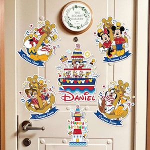 Personalized Mickey and Friends Disney Birthday Cruise Magnet, Chip Dale Birthday Cake Cruise Door Magnet, Family Birthday Stateroom Doors