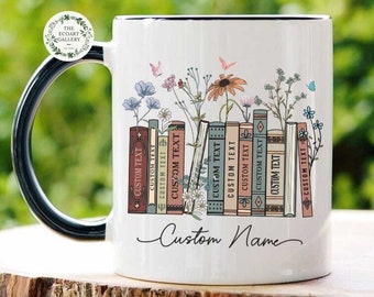 Personalized Floral Books Mug, Favorite Bookshelf Coffee Mug, Custom Tittle & Name Librarian Bookworm Gift for Reader, Gift for Book Lovers