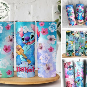 Personalized Watercolor Disney Stitch Tumbler, Floral Lilo and Stich 20oz Skinny Tumbler, Ohana Means Family Water Bottle, Disney Stitch Cup image 2