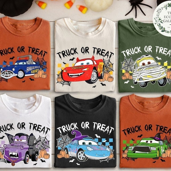 Vintage Disney Cars Checkered Halloween Truck or Treat Shirt, Retro Disney Pixar Cars Lightning McQueen Halloween, Tow Mater Pumpkin Shirt
