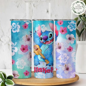 Personalized Watercolor Disney Stitch Tumbler, Floral Lilo and Stich 20oz Skinny Tumbler, Ohana Means Family Water Bottle, Disney Stitch Cup 3
