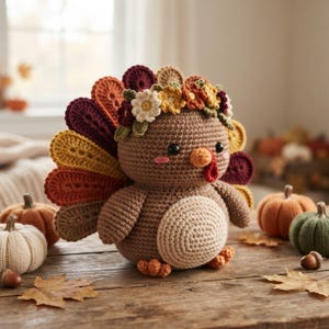 May include: A crocheted turkey figurine featuring a brown body, a light beige belly, and a fan-shaped tail with layers of dark red, orange, and yellow yarn. The turkey wears a crown of crocheted flowers in white, yellow, and dark red.