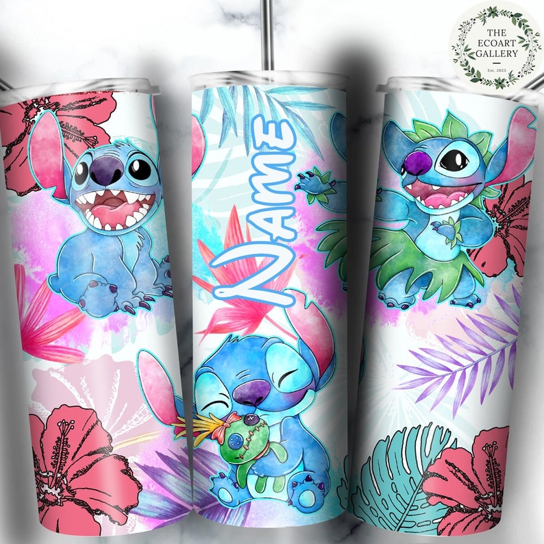 Personalized Watercolor Disney Stitch Tumbler, Floral Lilo and Stich 20oz Skinny Tumbler, Ohana Means Family Water Bottle, Disney Stitch Cup 6