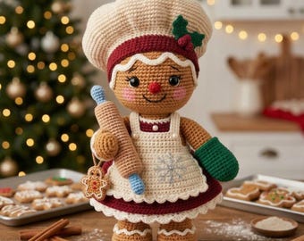 May include: A crocheted gingerbread doll wearing a chef hat with holly, a white apron with a snowflake, and a red skirt. The doll holds a wooden rolling pin with a small gingerbread man charm and wears a green oven mitt on one hand.