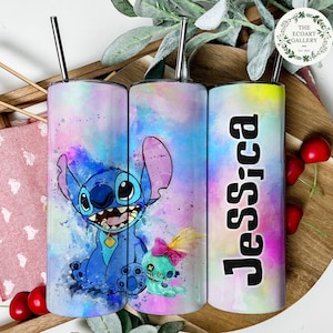 Personalized Watercolor Disney Stitch Tumbler, Floral Lilo and Stich 20oz Skinny Tumbler, Ohana Means Family Water Bottle, Disney Stitch Cup 5