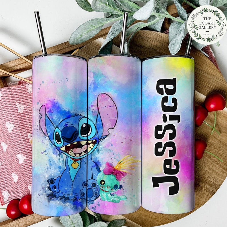 Personalized Watercolor Disney Stitch Tumbler, Floral Lilo and Stich 20oz Skinny Tumbler, Ohana Means Family Water Bottle, Disney Stitch Cup 5
