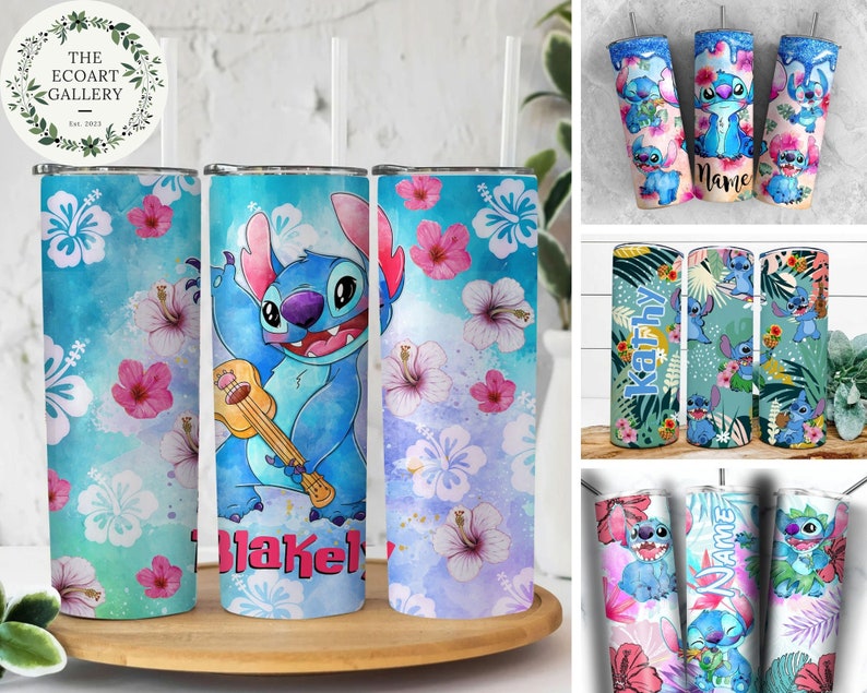 Personalized Watercolor Disney Stitch Tumbler, Floral Lilo and Stich 20oz Skinny Tumbler, Ohana Means Family Water Bottle, Disney Stitch Cup image 2