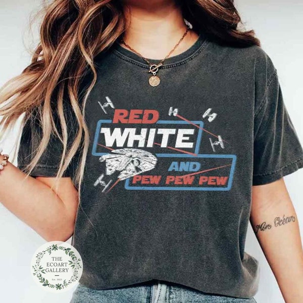 Chemise Star wars rouge blanc et Pew Pew Pew, chemise Disney 4 juillet, chemise Galaxy's edge groupe patriotique américain, joyeux jour de l'indépendance