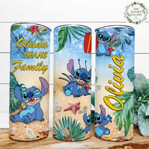 Personalized Watercolor Disney Stitch Tumbler, Floral Lilo and Stich 20oz Skinny Tumbler, Ohana Means Family Water Bottle, Disney Stitch Cup 4