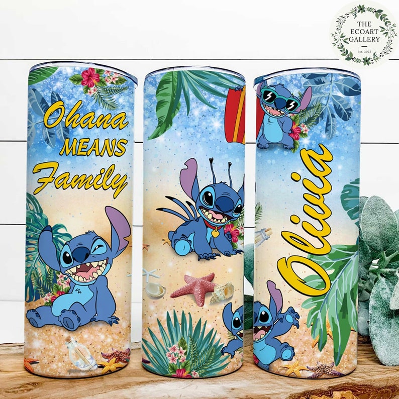 Personalized Watercolor Disney Stitch Tumbler, Floral Lilo and Stich 20oz Skinny Tumbler, Ohana Means Family Water Bottle, Disney Stitch Cup 4