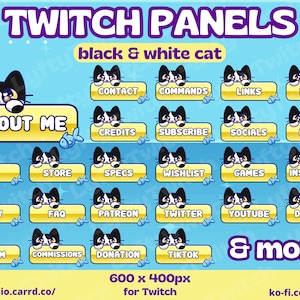 Cute black and white cat panels for Twitch - 35 panels for Twitch biography, streaming, cat and fish, Twitch panels, yellow theme