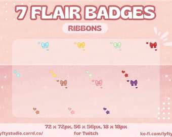 Ribbon badge flairs for Twitch - 7 sub-badge flairs for Twitch streams, streaming, twitch aesthetic, decoration, ribbon pastel drawing