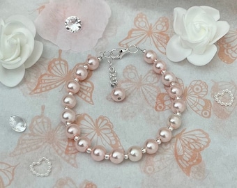 Handmade Pink Pearl Bracelet, Silver Bridal Jewelry