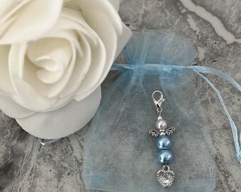 Something blue bouquet charms. Perfect crystal heart and lucky angel gift for a brides bouquet or to attach where she pleases.