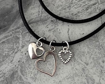 Triple Silver Heart Pendant Necklace, Black Cord Choker