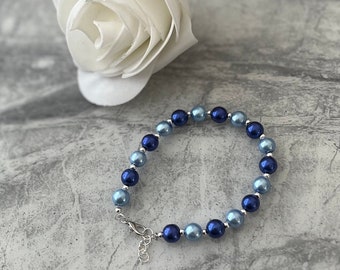 Handcrafted Faux Pearl Bracelet - Pastel & Dark Blue Beaded Design