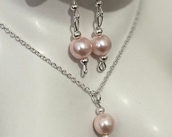 Sterling Silver Pink Pearl Necklace and Earrings, Bridal Jewelry Set