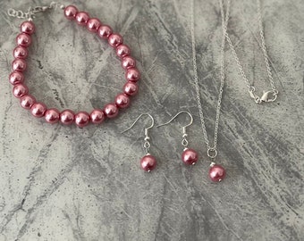 Pink pearl set. necklace, earrings and bracelet.  Handmade with love for that special occassion.