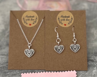 Silver heart necklace set. Silver necklace with matching earrings. Handmade with love. Bride, bridesmaids, gifts.