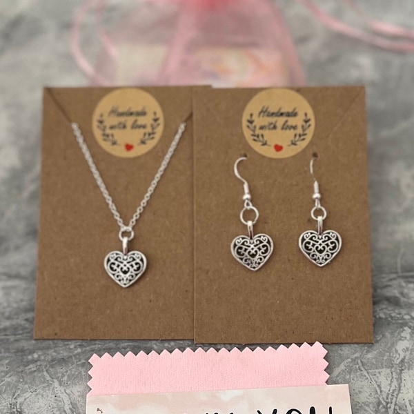 Silver heart necklace set. Silver necklace with matching earrings. Handmade with love. Bride, bridesmaids, gifts.