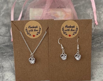 Silver heart necklace set. Cute silver necklace  and matching earrings set. Bridesmaids sets or gifts.