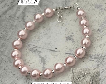 Handmade Pearl Pink Bracelet, Silver Bridal Jewelry